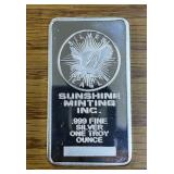 One troy ounce .999 fine silver sunshine minting