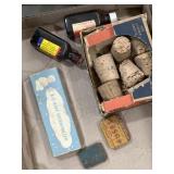 Old medicine bottles, corks, baby thermometer,