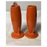 Fiesta red orange bud vases, one has hairline