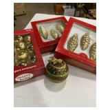 Three boxes of glass tree, ornaments, and