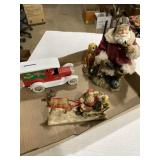 Diecast Chevy van bank, and two Santa figurines