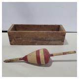 Wood advertising box 9x3 and wood bobber 9in