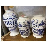 3 blue & white ceramic pharmacy apothecary jars,