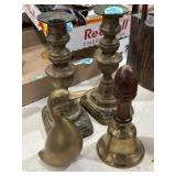 Brass candlestick holders, duck, bell