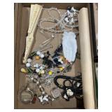 Assorted vintage costume jewelry, old fan,