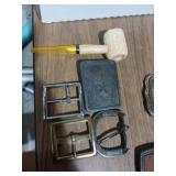 Jeff broncos belt buckle, corn cob pipe and other