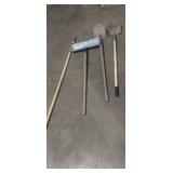 2 spade shovels , snow shovel, and extention pole