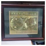 Gold foil reproduction of Blaeu wall map framed