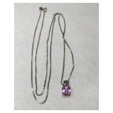Silver box chain purple gemstone pendant Marked