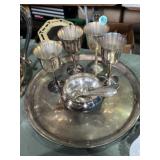Silver plate tray, goblets, tea steeper, bottle