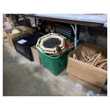 Microwave, wooden hangers, wall shelving, towels,