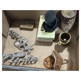 Pinto car emblems, salesman sample top hat, brass