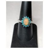 Silver bluestone flower ring March 925 size 7.