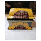 Hand painted ceramic butter dish signed.  With