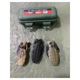 Three mini grenade pocket knives and LED,