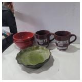 Hershey mugs and red and green bowls