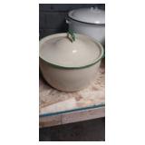 Green and yellow enameled pot with lid