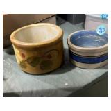Roseville hand-painted crock and blue striped