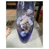 13 inch blue glass vase with sea shells