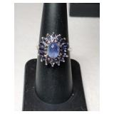 Silver purple flower cluster ring marked 925