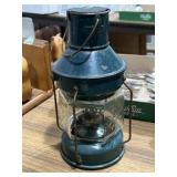 MCM green metal and glass oil lantern