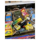 Flat of various toys, including army, jeep, metal