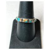 Silver native American turquoise band ring marked