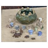 Frog pottery bowl w/ mini porcelain animals, & 3