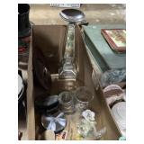 Glass figurines, candle pedestal, coasters, wood