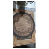 Round wood carving and wood framed mirror