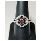 Silver purple / clear Stone cluster ring marked