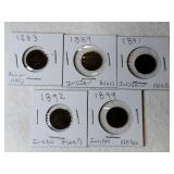 5 Indian Head pennies 1883, 1889,1891,1892, and
