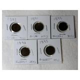 5 Indian Head pennies 1883, 1891,1892,1893, and