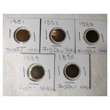 5 Indian Head pennies 1881, 1882,1888,1889, and