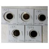 5 Indian Head pennies 1883, 1888,1891,1891, and