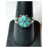 Silver Zuni turquoise Ring signed BH size 7.5.