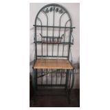 Green metal bakers rack with built-in wine shelf