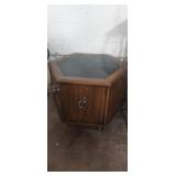 Hexagonal side table with storage glass top