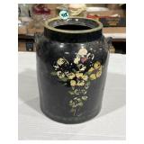 Older black-glazed stoneware crock with painted