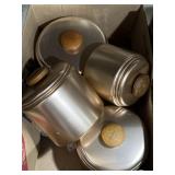 Vintage Mirro aluminum kitchen canisters and blue