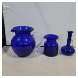 3 blue glass blown glass pitchers 6.5in, 4in,