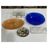 Carnival glass dish, painted Mexico dish, blue