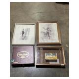 Wooden cigar box, humidor, two framed prints