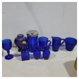 Misc blue glass small vases, pitchers, goblet and