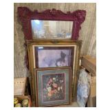 Large Ornate Wall Mirror & Two Framed Art Prints