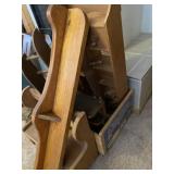 Small wooden bench, wooden shelves and wall,