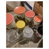 Vintage strawberry canister set, two glass