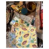 Butterfly, tablecloths, pottery dish, and more