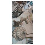 Ornate wooden bin, and 2 plant stands