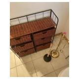 Metal and wicker bathroom, organizer, and toilet